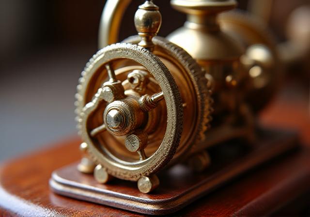 Close up of intricate brass gears and a miniature steam engine toy