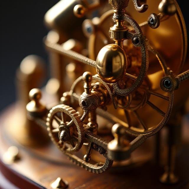 Close-up view of a Victorian-style clockwork toy with brass gears