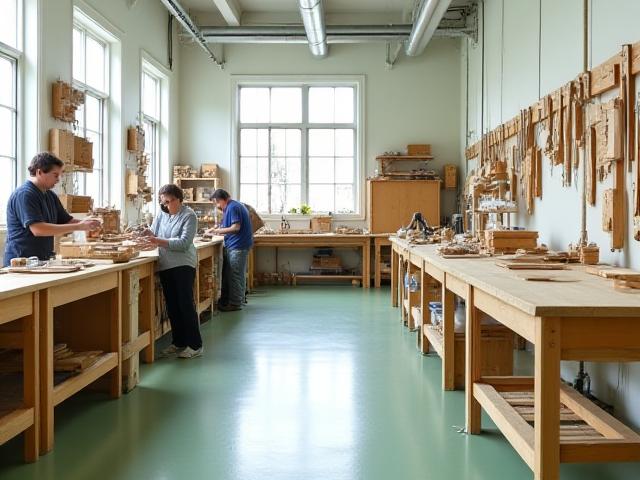 Artisans working in the New York workshop with vintage tools and wooden toy parts